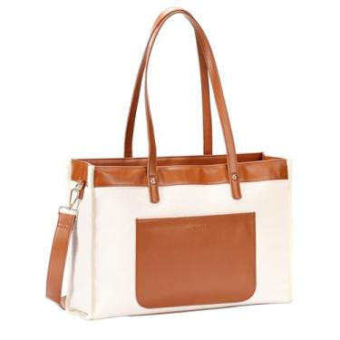 Imagem de Bolsa feminina para laptop de lona impermeável de 15,6 polegadas bolsas de ombro para computador pasta casual, Marrom