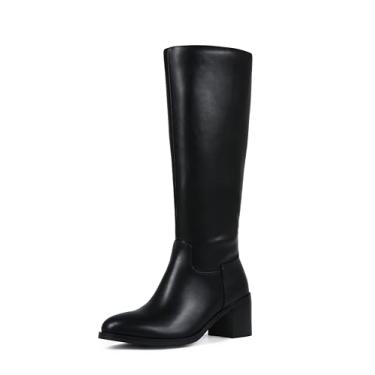 Imagem de Abbleet Botas femininas de cano alto, cano alto, bico fino, bico amêndoa, salto grosso, Preto/poliuretano, 38