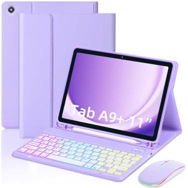 Imagem de EAMPANG Capa com teclado e mouse para Samsung Galaxy Tab A9 Plus de 11 polegadas (SM-X210/X215/X216/X218), capa magnética com teclado USB-C destacável com 7 cores arco-íris retroiluminada com slot