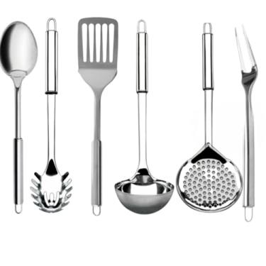 Imagem de Kit Utensílios de Cozinha em Aço Inox Escumadeira Concha Colher Arroz Pegador Massa Garfo Trin (6)