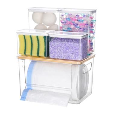 Imagem de iCASA Dispensador de saco de lixo, recipiente de cápsulas de lava-louças, suporte de sacos de lixo 5 em 1, organizador sob a pia, recipiente de sabão em pó, recipiente de sabão em pó, despensa de