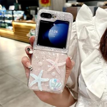 Imagem de Capa para Galaxy Z Flip5 com textura de concha de lantejoulas de luxo e capa rígida com estampa de estrela do mar fofa (para Galaxy Z Flip5/rosa)