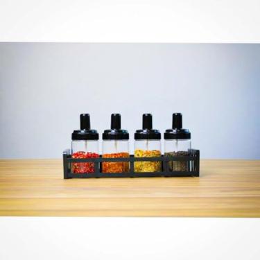 Imagem de Conjunto de Temperos com 4 Potes de Acrílico, Suporte Preto, 250ml cada, Colheres Incluídas, Organizador de Condimentos para Cozinha, 31x9.5cm