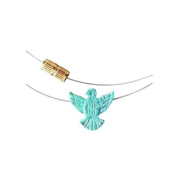 Imagem de AURUM SEMIJOIAS | Colar Choker Gargantilha de Fio de Nylon com 45cm, Pingente Divino Espírito Santo em Pedra Natural Azul Turquesa de 1,2cm x 1,2cm, Fecho Rosqueável Dourado Folheado a Ouro, Fé, Religião, Católico, Cristã, Presente Feminino, Mãe, Esposa, Namorada, Moda Católica.