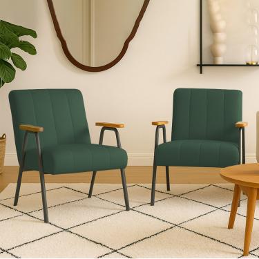 Imagem de Poltrona Sala Decorativa Industrial Preto Kit 2 Laurita Linho Verde K01 - D'Rossi