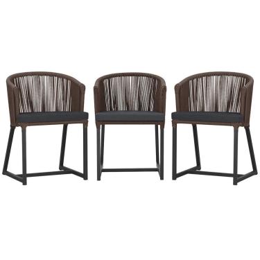 Imagem de 3 Cadeiras De Jantar Noronha Preta Corda Náutica E11 Trama Marrom