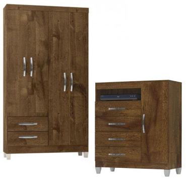 Imagem de Guarda Roupa Solteiro Módena 4 Portas E Cômoda Sapateira Cannes Malbec - Incorplac