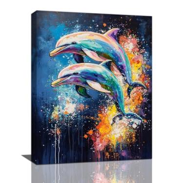 Imagem de Spaexor Arte de parede de golfinho, decoração de parede com imagens de golfinho azul graffiti Banksy, pintura colorida de impressão em tela de animal de praia, arte emoldurada para banheiro, sala de