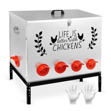 Imagem de Alimentador automático de galinha de metal, alimentador grande de 43 kg com 10 portas de alimentação sem desperdício, alimentadores de frango galvanizados com 4 pernas ajustáveis e tampa de bloqueio
