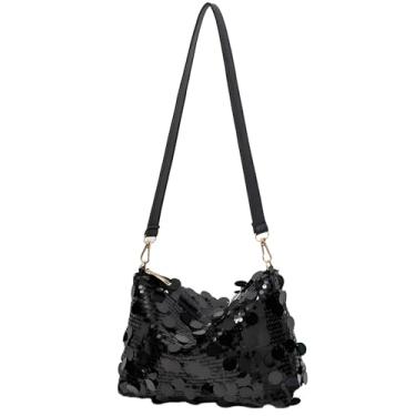 Imagem de Bolsa feminina de lantejoulas, bolsa de ombro brilhante, bolsa de compras de grande capacidade, bolsa de moedas combinando, bolsas clutch para festa, Preto, 24cm X 9cm X 15cm