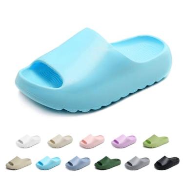 Imagem de xinlanlin Chinelos infantis com nuvens para meninas e meninos, antiderrapante, supermacio, secagem rápida, chinelos acolchoados para banheiro, sola grossa, chinelos internos e externos, C - azul - 1,