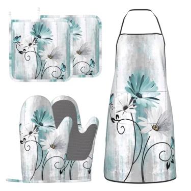 Imagem de HEROARMOUR Avental de cozinha com 5 luvas de forno margaridas azul-petróleo, margaridas, flores florais e borboleta, antiderrapante, resistente ao calor para cozinheiros, cozinhar, grelhar