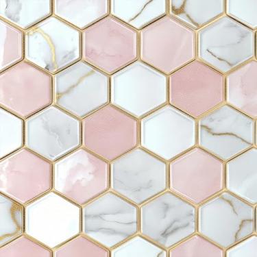Imagem de HOMETITUTE 10 peças de azulejos hexagonais de mármore rosa, 30,5 x 30,5 cm, adesivos de vinil autoadesivos removíveis para banheiro, vaidade, quarto, decoração de casa