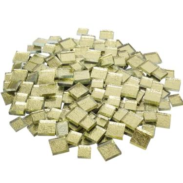 Imagem de CHICSHIS Mosaico espelhado escovado texturizado de 500 g, quadrados de vidro dourado semitransparentes coloridos pré-cortados para artesanato DIY, projetos de arte e decoração de casa (mistos 15 mm e