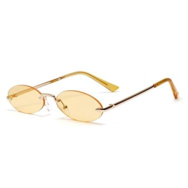 Imagem de Óculos de Sol Retrô Pequenos Ovais Sem Armação Feminino Unissex com Lentes Transparentes Rosa (Amarelo-Dourado)