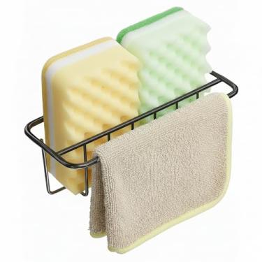 Imagem de Suporte de esponja adesivo + gancho de pano de prato, suporte de pia 2 em 1, aço inoxidável SUS304 à prova de ferrugem, à prova de água, sem perfuração (preto)