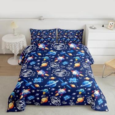 Imagem de Erosebridal Conjunto de edredom infantil com tema espacial – Foguete universo planeta, para meninos, meninas, adolescentes, lua e estrelas, galáxia, decoração de quarto do espaço sideral com 2 fronhas