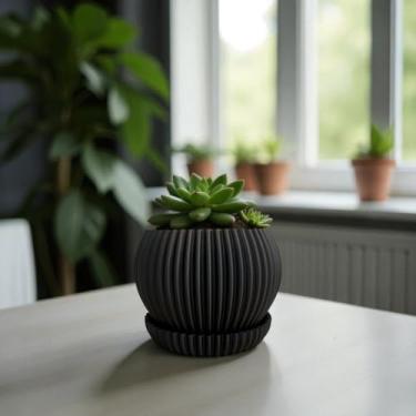 Imagem de Kit 1/2/3 Vasos para Suculentas com Bandeja – Mini Vaso Decorativo Cachepô para Plantas Naturais em Textura Ondulada(PRETO)