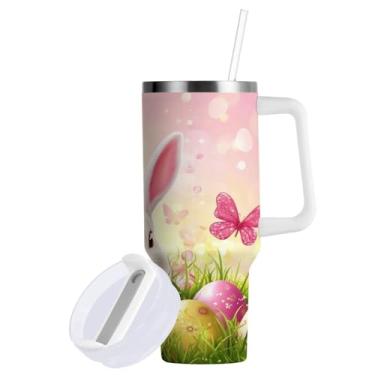 Imagem de Blueangle Copo de coelho da Páscoa de 850 g com alça e tampa de palha, copo isolado reutilizável de aço inoxidável garrafa de água caneca de viagem (318)