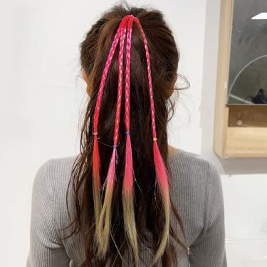 Imagem de 2 peças de peruca colorida gradiente de fibra de alta temperatura tranças com faixa de borracha fixa acessórios para cosplay, tranças/peça de quatro fios, rosa, 38,8 cm