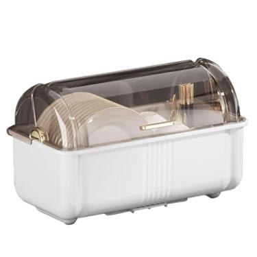 Imagem de HGTRH Caixa de secagem de pratos com tampa, escorredor de pratos com orifícios de drenagem de plástico PP e bandeja de coleta de água, organizador de cozinha para tigelas, pratos, utensílios, branco