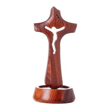 Imagem de KiBcsLic Estátua da Cruz de Jesus em Madeira, Decoração Portátil, Crucifixo de Jesus para Armário, Quarto, Lareira, Sala de Estar ou Mesa, S