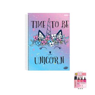 Imagem de Kit Caderno Feminino KBOM 1 Matéria 96 Folhas + Caneta Trigel Branca 0.8mm + Marca Texto Boss 4 Cores