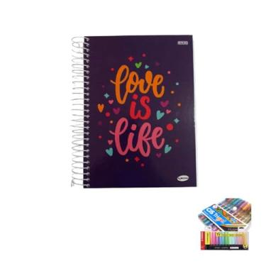 Imagem de Kit Caderno Femininos 20 Matérias Capa Dura 400 Folhas + Caneta Trigel Metálica Estojo 10 Cores + Marca Texto Boss 15 Cores