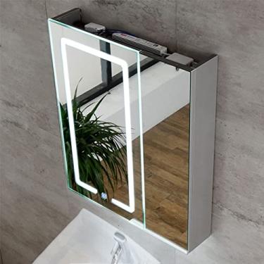 Imagem de Armários de banheiro com espelho, armário de banheiro LED SPXMQSS com prateleiras armário de espelho de banheiro com luzes LED com luz ambiente e espelho prata HD A, 50 x 70 x 13 cm