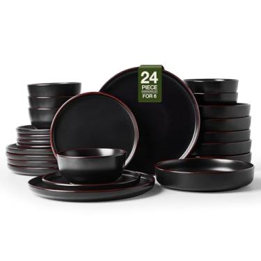 Imagem de Famiware Conjuntos de pratos e tigelas de mercúrio com tigelas de massa, 24 peças de louça de grés, conjunto de pratos para 6, pode ir ao micro-ondas e à lava-louças, preto fosco