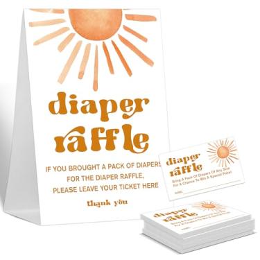 Imagem de Placa de sorteio de fraldas para jogos de chá de bebê, 1 placa de pé e 50 cartões, Here Comes the Sun, decoração de chá de bebê neutro de gênero e luz do sol, suprimentos de jogos de festa revelação