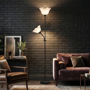 Imagem de Luminária de Chão com Abajur Duplo Articulado para Leitura – Base Metálica Estável, Soquete E27 Bivolt – Ideal para Quarto, Sala e Escritório - Altura 1,75 m- Luminária de chão com Base (Preto)