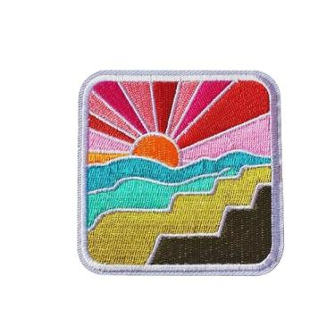 Imagem de Onda e Sol Oceano Patch Gancho e Laço 7,5 x 7,6 cm Estético Colorido Bordado Crachá Moral para Surfe, Bolsa de Praia, Mochila de Natação, Colete de Vela Roupas de Verão Bolsas de Ginásio e Equipamento