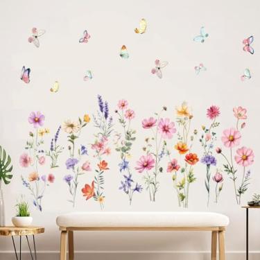Imagem de Decalques de parede de flores coloridas adesivos de parede de flores silvestres primavera floral borboleta decalque de parede adesivos de arte de parede adesivos de arte de parede DIY removível papel