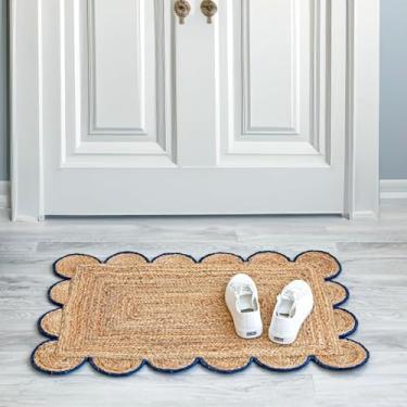 Imagem de KALVEERA Tapete de área de juta para decoração de casa e sala de estar, retangular, recortado vintage, tapete de área de juta azul-marinho 5 cm x 7 cm