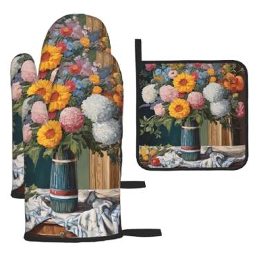 Imagem de Pintura de diamante de flor - Conjunto de cozinha essencial com 3 peças, luvas seguras para calor e aderência de tampa, proteção para churrasco no forno, design de armazenamento suspenso.