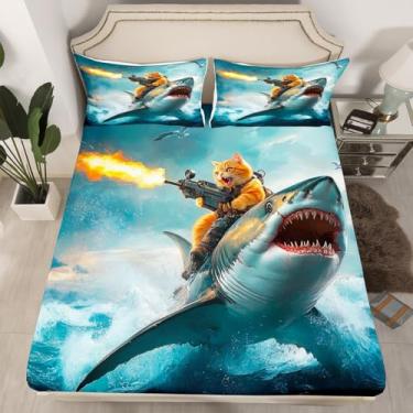 Imagem de Erosebridal Jogo de cama Queen com tubarão fofo, gato, para decoração de quarto de meninos, adolescentes, adultos, animais do oceano, vida marinha, lençol com elástico e 2 fronhas