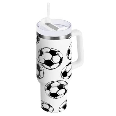 Imagem de STAYTOP Copo de futebol esportivo de 850 g com tampa e canudo, copo isolado de aço inoxidável durável à prova de vazamento com alça, garrafas de água à prova de derramamento para viagens