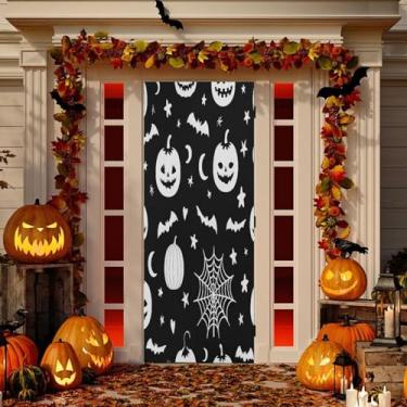 Imagem de Wassud Decoração de cobertura de porta de abóboras brancas de Halloween faixa interna externa decoração de casa de varanda grande decoração de porta da frente 81 x 189 cm