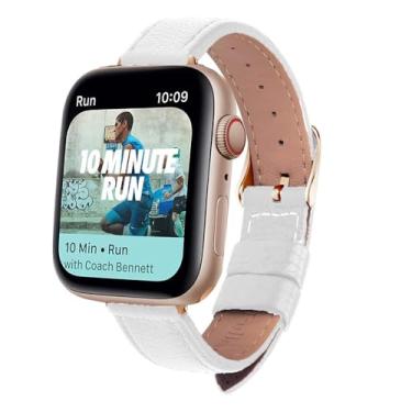 Imagem de XLCZMYL Pulseira de relógio fina de couro 40 mm, 44 mm, 38 mm e 42 mm, série 7 SE, 6, 5, 4, 3, 2, 1, feminina, ouro rosa, branco, 44 mm ou 45 mm