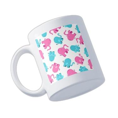 Imagem de Caneca Xícara de Café Porcelana 300ml Elefantes Rosa e Azul Desenho Animado