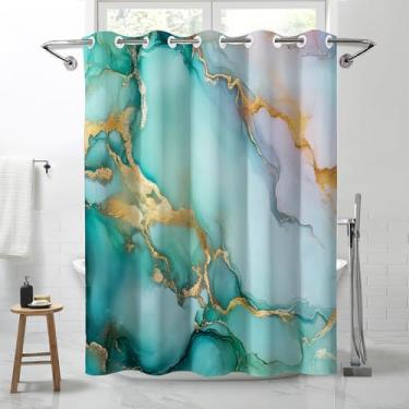 Imagem de Lnond Cortina de chuveiro de mármore verde dourada, luxuosa cortina de chuveiro à prova d'água, sem gancho, para banheiro, spa, banheira, 71 L x 74 C