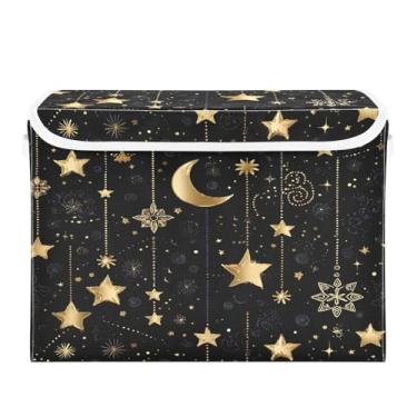 Imagem de CEBUGI Caixotes de armazenamento com tampas caixa de armazenamento de tecido dobrável lua estrelas cubo organizador de armazenamento para armário de casa prateleiras de quarto 16,5 x 12,6 x 11,8