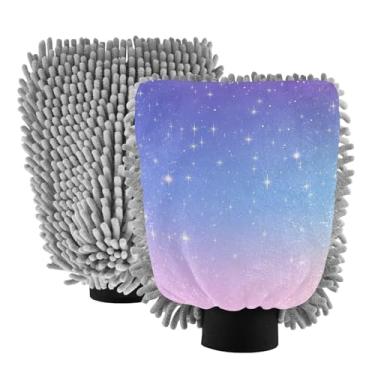 Imagem de STAYTOP Lindas luvas de lavagem de carro com fundo de céu estrelado, 2 peças, luvas de microfibra de chenille, sem arranhões, panos de esponja de lavagem ultra absorventes para carros, limpeza
