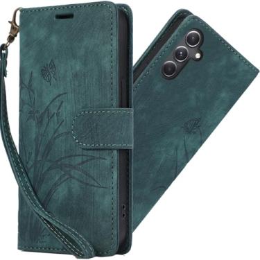 Imagem de MRRSIWEI Capa carteira para Samsung Galaxy A56, borboleta floral em relevo couro PU capa flip magnética com suporte para cartão capa para Samsung Galaxy A56. Borboleta verde