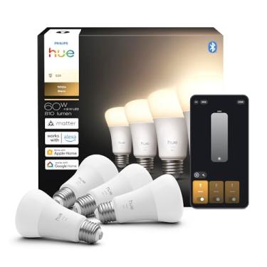 Imagem de Philips Hue Lâmpada LED inteligente A19, branca quente 2700K, base E26, 9W, 810 lúmens, regulável, funciona com Alexa, Google Assistant e Apple Home, pacote com 4