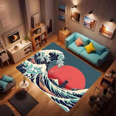 Imagem de Pintura de tinta japonesa estilo tradicional Hokusai fluindo ondas azuis tapete sem costura, tecido macio e confortável, quarto, sala de estar, sala de jantar, decoração de casa 60 x 7 cm