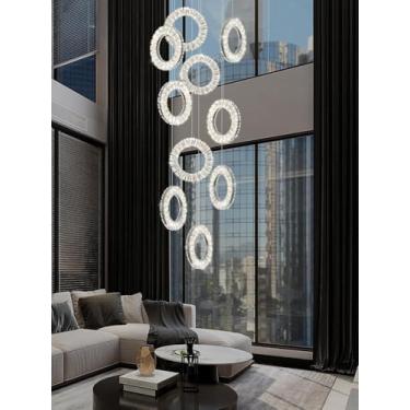 Imagem de Lustre moderno em espiral com design de escada, luminária pendente LED dimerizável de grandes dimensões, com cristais redondos, ideal para hall de entrada, quarto, sala de estar, banheiro e