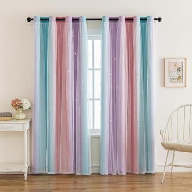 Imagem de indistar Cortinas blackout coloridas listradas com recorte de estrela para quarto, design misto de 2 camadas de tecido e tule, linda cortina de janela para quarto de crianças 1 painel (L52 x C84 roxo