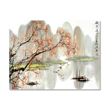 Imagem de Arte de cenário japonês, impressão floral, pintura a tinta, barco, pássaro, pôsteres em tela, decoração asiática, arte de parede japonesa para decoração de sala de estar e quarto (SKU4,50,8 x 76,2 cm